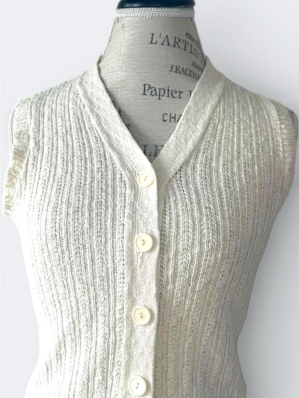 Biba Cream Cotton Ribbed Knit Button-Up Sweater Vest Cropped Petite XS - Picture 5 of 10